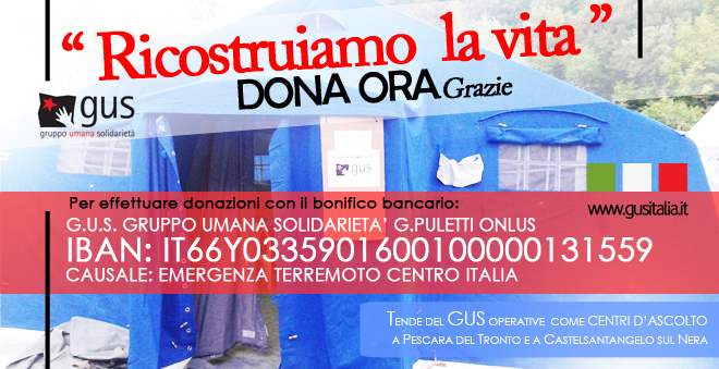 Il GUS lancia la campagna di raccolta fondi “Emergenza Terremoto Centro Italia” per le popolazioni colpite dal sisma